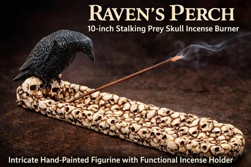 Miniatura 2 de F.E.S.S. Raven Skull - Estatua de quemador de incienso – Figura gótica de resina de 10 pulgadas con cuervo posado en calavera, soporte de incienso