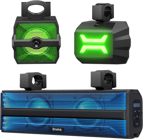 Ehaho Barra de sonido estéreo UTV de 2.1 canales (subwoofer) y altavoces, barra de sonido Bluetooth ATV de 16 pulgadas con luces RGB, altavoces