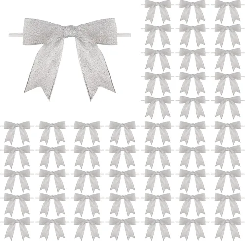 Miniatura 39 de Meseey 50 lazos de grogrén de 3 pulgadas, color gris plateado, preatados, para bolsas de golosinas, cesta de envoltura de regalo, boda, baby shower