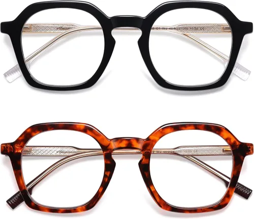 AMOMOMA Paquete de 2 lentes de lectura cuadrados retro para mujeres y hombres, marco vintage para lector de computadora con luz azul AM6193
