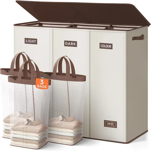Miniatura 11 de SOLEDI Cesta de ropa sucia de 180L de 3 secciones, cesta de ropa sucia extra grande con tapa, cesta de ropa sucia con asa resistente, organizador