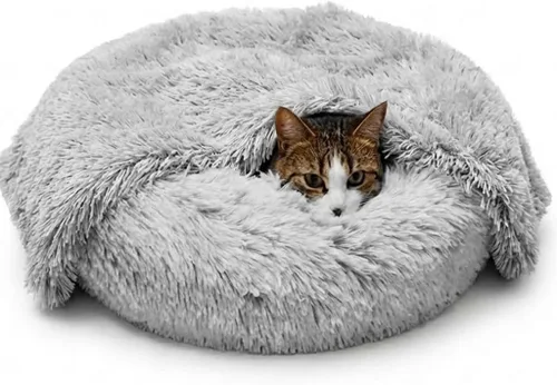 Whiskers & Friends Camas para gatos de interior, cama mullida y calmante para gatos con forma de dona, cama para perros pequeños lavable, camas Gris