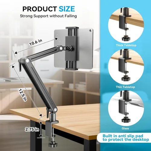 Miniatura 3 de Jakeko Soporte Ajustable para Tablet en Escritorio - Base Giratoria de 360 Grados, Soporte de Brazo Alto, Montura Giratoria y Abrazadera Flexible