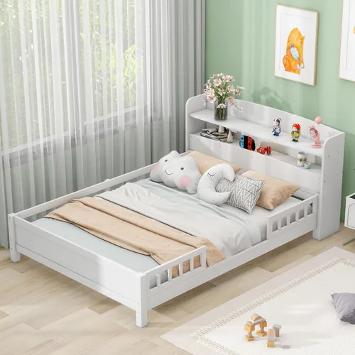 Miniatura 13 de VilroCaz Moderna cabecera de almacenamiento de cama de tamaño individual y barandilla de seguridad para niños, base de cama de plataforma de madera