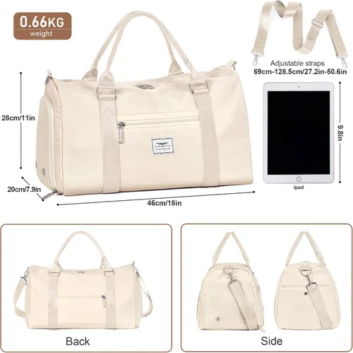 Miniatura 3 de FIORETTO Bolsa de deporte para mujer con bolsillo para artículos húmedos y compartimento para zapatos, bolsa de lona deportiva durante la noche, fin
