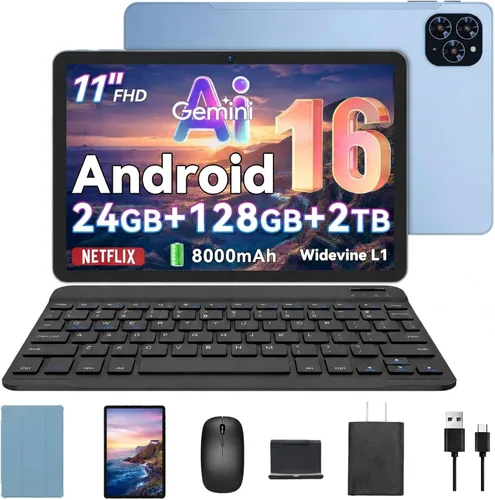 Tablet 2026 Android 16 Tablet with Gemini AI 3.5, 11 Inch FHD Display, 24GB RAM 128GB ROM/2TB TF, T7250 CPU + 13MP Camera, 8000mAh, Widevine L1,