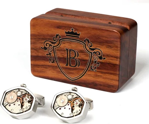 Gemelos para hombre, con forma de movimiento, gemelos plateados con caja de madera de nogal inicial para marido, novio, novio, novio, novio, boda