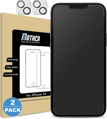 Mothca Paquete de 2 protectores de pantalla de vidrio mate para iPhone 14 con 2 protectores de lente de cámara, antirreflejos y antihuellas