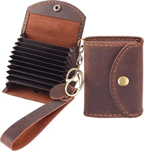 Cartera de cuero genuino para tarjetas de crédito, organizador de tarjetas de crédito para mujeres y hombres, monedero pequeño llavero, Café, Simple