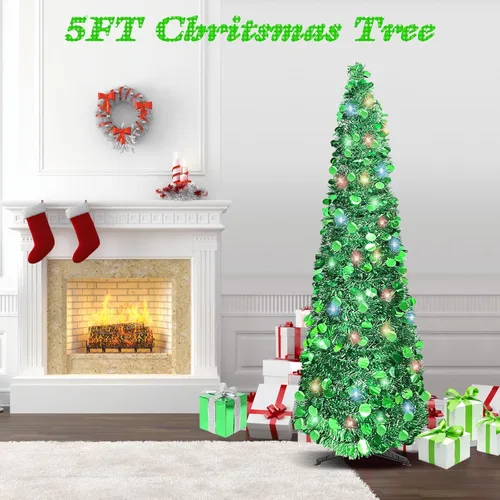 Miniatura 2 de Árbol de Navidad de 5 pies tipo lápiz, árbol artificial plegable con lentejuelas, árbol de Navidad tipo lápiz delgado con escarcha, árbol de Navidad
