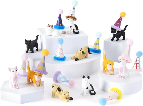 Miniatura 7 de 20 piezas de figuritas de gato en miniatura con kit de sombreros de cumpleaños, figuritas de gato pequeñas de resina, decoraciones para pasteles