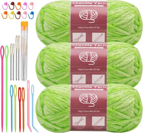 Miniatura 9 de LUNARM Hilado de chenilla para tejer y hacer ganchillo, 3 madejas de 240 metros de hilo grueso, suave y voluminoso, para tejer mantas, ropa y Beige