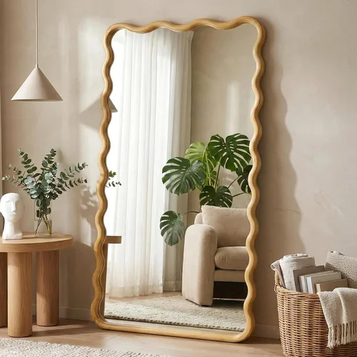 Miniatura 12 de Espejo de baño para pared, 24 pulgadas, redondo, bohemio, ondulado, de madera, espejo decorativo grande de cuerpo entero con vidrio templado, espejo