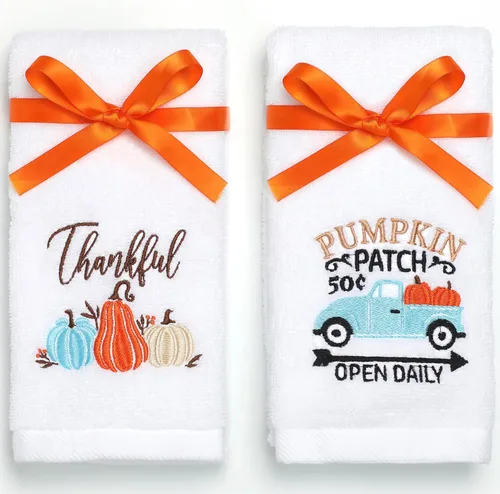 Juego de 2 toallas de cocina de otoño, 100 % algodón, con diseño de calabaza, con bordado, toalla de mano de Acción de Gracias para baño y cocina,