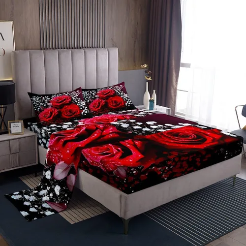 Miniatura 10 de Juego de sábanas femeninas de flores de rosas rojas, tamaño individual, juego de ropa de cama para el día de San Valentín, decoración de habitación
