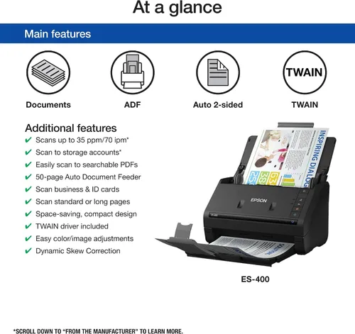 Miniatura 4 de Epson Workforce ES-400 Color Duplex Document Scanner para PC y Mac, alimentador automático de documentos (ADF)