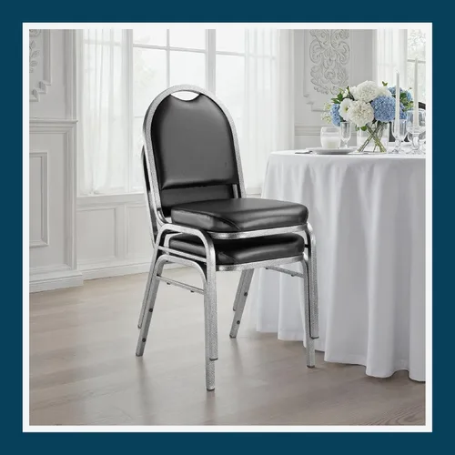Miniatura 13 de OEF Furnishings OEF9210-SV/2 Silla apilable de grado comercial para banquetes (vinilo negro, marco recubierto de polvo plateado, paquete de 2)