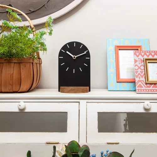 Miniatura 2 de SOFFEE DESIGN Reloj de mesa de una pieza con hoja de hierro con base de madera, reloj de escritorio sin tictac funciona con pilas para sala de Negro