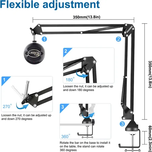 Miniatura 5 de Brazo de Micrófono, Aokeo AK-35 - Soporte de Micrófono de Escritorio; Soporte de Brazo de Tijera con Suspensión para Micrófono para Blue Yeti, Blue