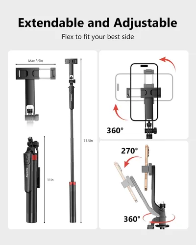 Miniatura 4 de Aureday Trípode de teléfono de 72" y palo para selfie, soporte de trípode para teléfono celular con control remoto inalámbrico y soporte extensible