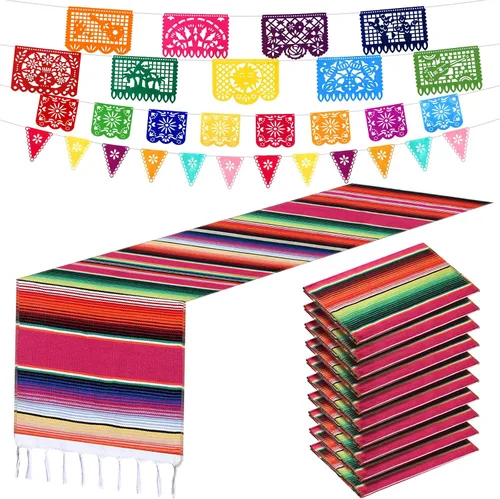 Paquete de 10 caminos de mesa mexicanos de 14 x 84 pulgadas, 29 pancartas de papel picado, pancarta colgante de fiesta y banderín colorido para Rojo