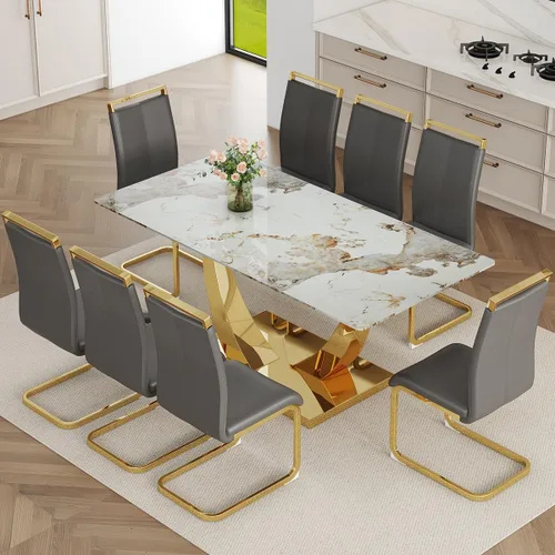 Miniatura 45 de Mesa de comedor moderna para mesa de comedor de mármol sintético de 4/6, 63 pulgadas, mesa de cocina rectangular, mesa de cocina y comedor de fácil