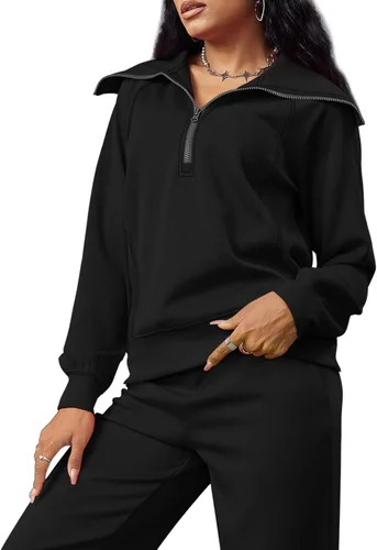 Miniatura 5 de XIEERDUO Conjuntos de descanso para mujer 2023 sudadera de gran tamaño con media cremallera y pantalón deportivo de pierna ancha de 2 piezas