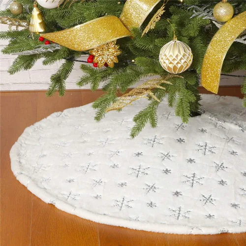 Miniatura 9 de Sattiyrch - Falda de árbol de Navidad con lentejuelas de 48 pulgadas, blanca suave y gruesa con decoraciones de copos de nieve dorados para árbol