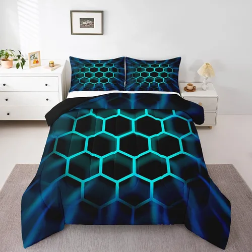 Juego de ropa de cama individual de panal para niños y niños, color negro, verde azulado, azul, hexagonal, geométrico, patrón de colmena, edredón de