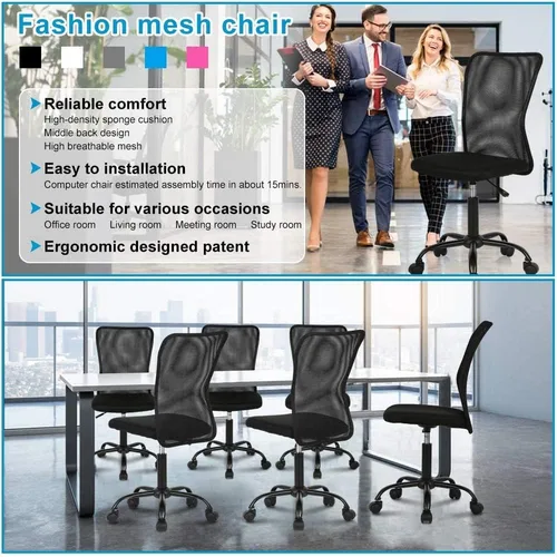 Miniatura 9 de Silla de oficina en casa sin brazos Silla de escritorio pequeña con respaldo medio de malla sillas básicas de computadora Silla de oficina giratoria