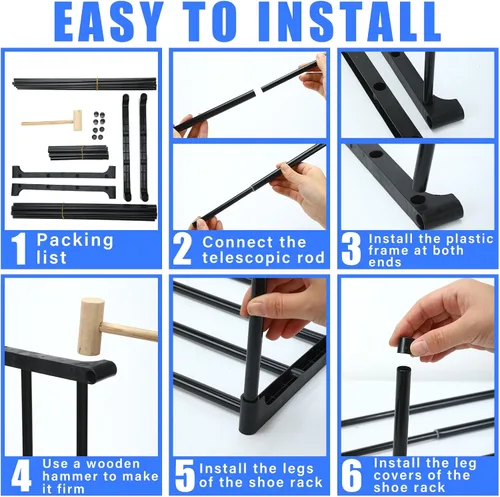 Miniatura 6 de Teenyyou 2 zapateros ampliables de 17 a 30 pulgadas, estante ajustable de metal de 1 nivel, organizador apilable negro para gabinete, entrada
