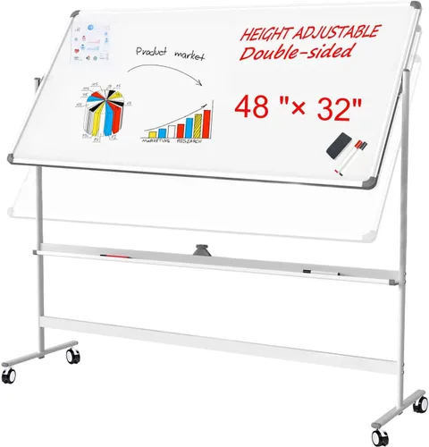 Miniatura 2 de Pizarra blanca móvil de grado industrial de 32 x 48 pulgadas de borrado en seco con soporte rodante con cerradura, pizarra blanca magnética de doble