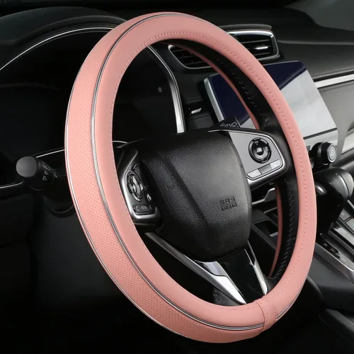Miniatura 10 de ALEMODR Funda de cuero verde para volante con tira de fibra, funda universal para volante de coche de 38 cm