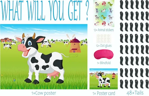 Miniatura 3 de Morcheiong Juego Pin The Tail on The Cow con 48 colas para decoraciones de fiesta de granja, recuerdos de fiesta de cumpleaños para niños