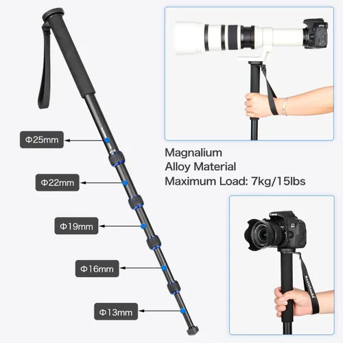 Miniatura 7 de Monopod extensible de aluminio para cámara con cabezal fluido y base de trípode plegable para cámara DSLR. Altura máxima de 58 pulgadas. Carga útil
