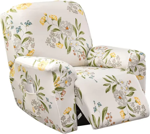 Miniatura 8 de CRFATOP Funda para sillón reclinable con estampado floral con bolsillos, funda única para sillón reclinable, 4 piezas, funda para sillón reclinable