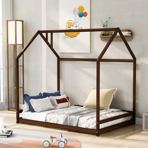 Miniatura 10 de HAUSHECK Montessori Cama para niños pequeños, cama de piso tamaño individual para niños y niñas, camas Montessori con rieles y techo, marco de cama