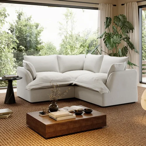 Miniatura 18 de Sofá modular de mezcla de lino para sala de estar, cómodo sofá modular con relleno de plumón, moderno sofá cama convertible con asiento profundo
