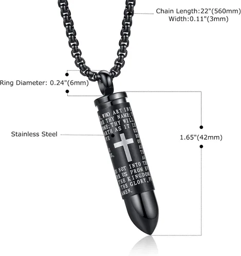 Miniatura 6 de Moniya - Collar con dije de acero inoxidable con forma de bala como urna para cenizas y oración estampada en inglés cadena de 22 pulgadas