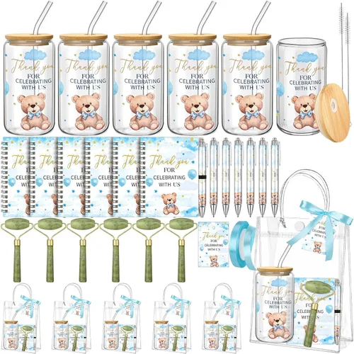 Reallnaive Juego de 6 Premios de Juego de Baby Shower de Oso para Jugadores Ganadores Vasos con Tapas Pajitas Rodillo para Cara Bolígrafos Cuadernos