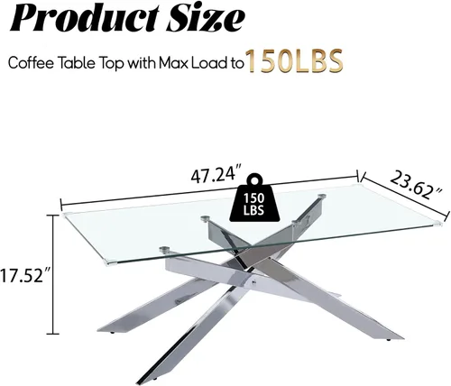 Miniatura 2 de Mesa auxiliar de cristal de 47 pulgadas, mesa central rectangular moderna con parte superior de vidrio templado transparente y patas de metal mesa