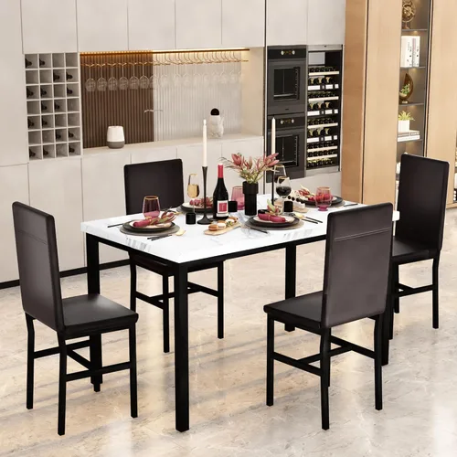Miniatura 7 de Juego de 4 mesas de comedor para 4, juego de 4 mesas y sillas de cocina de mármol sintético, juego de mesa de comedor moderno con 4 sillas de cuero