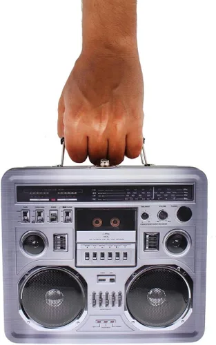 Miniatura 8 de Lonchera retro Boombox Radio – Mercancía inspirada en los años 80 – Accesorios de disfraces novedosos y contenedor de almacenamiento – Regalos