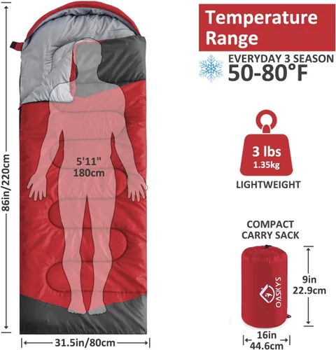 Miniatura 2 de Oaskys - Saco de dormir para acampar, para 3 estaciones, clima cálido y fresco, verano, primavera, otoño, ligero, resistente al agua, para adultos