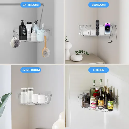 Miniatura 7 de Organizador de ducha de esquina de acrílico, organizador de ducha adhesivo fuerte, estante de baño transparente montado en la pared, sin