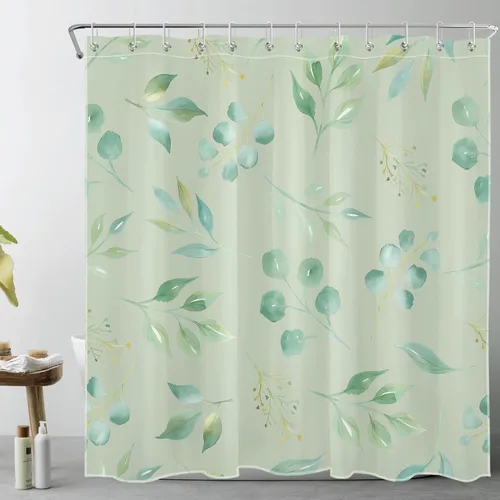 Miniatura 17 de EOBTAIN Cortina de ducha de hojas de eucalipto verde para baño, cortina de ducha con hojas de plantas naturales en beige con 10 ganchos, juego