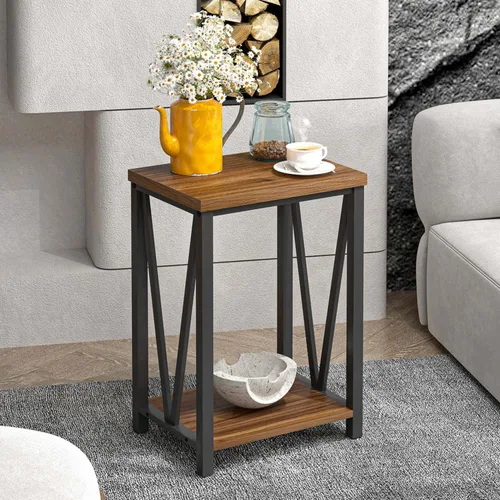 Miniatura 3 de FOLUBAN Mesa auxiliar pequeña, mesa auxiliar de madera rústica y metal con almacenamiento, moderna mesita de noche para sala de estar, dormitorio