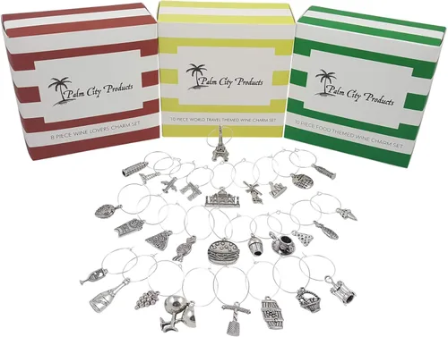 Palm City Products Around the World - Juego de dijes de vino con temática de comida, vino y viajes, juego de 28 piezas, Zinc, No es una piedra