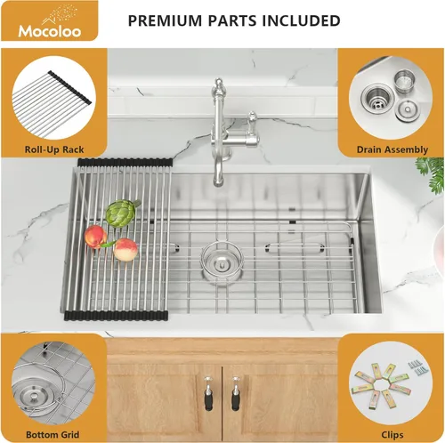 Miniatura 7 de Mocoloo Fregadero de Cocina Empotrado 33 – Fregadero de Cocina Empotrado de 33 x 19 Pulgadas de Acero Inoxidable Calibre 16 de Un Solo Tazón Bajo