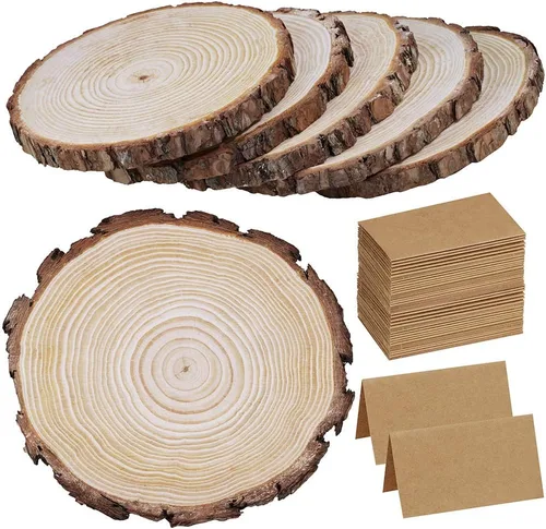 6 piezas de 8 a 11 pulgadas de ancho grandes rebanadas de madera redonda natural con corteza de pino rebanadas de madera de pino con 50 tarjetas de